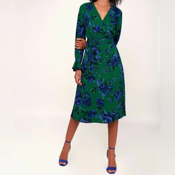 Lulus | Dresses | Lulus Romantic Blooms Green Floral Print Midi Wrap Dress  | Poshmark